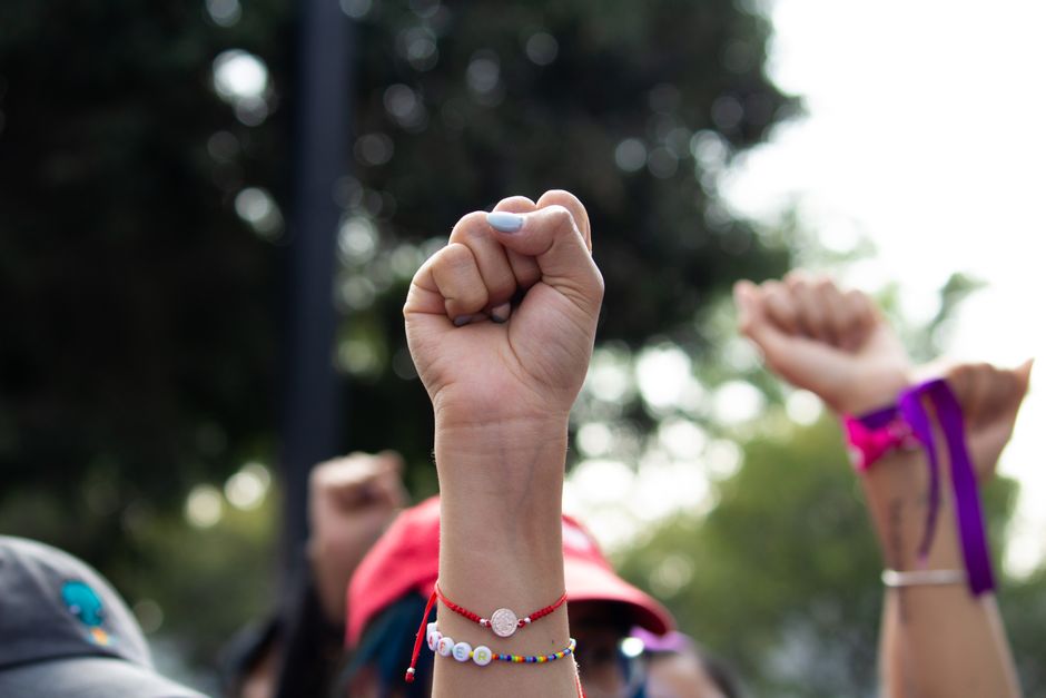 Close-up of diverse fists raised in protest, symbolizing unity and empowerment.