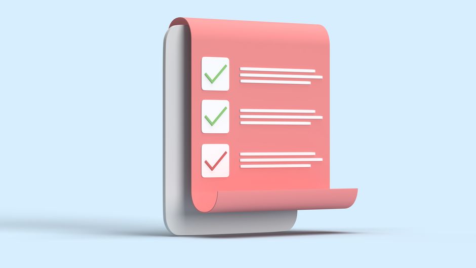 3D illustration of a checklist with checkmarks on a rolled paper sheet against a blue backdrop.