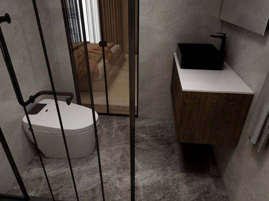Sleek modern bathroom featuring a glass-enclosed shower and smart toilet design.